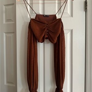 Zara Pleated Puff Sleeve Off Shoulder Crop Top in Brown with Buttons
